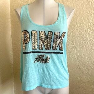 Victoria’s Secret Pink Light Blue Black Silver Sequin Bling Logo Tank Top Medium